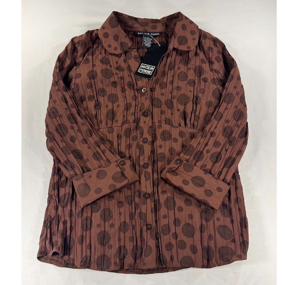 VTG Antilia Femme Brown Polka Dot Crinkle Blouse Empire Waist Button Up Top Lg